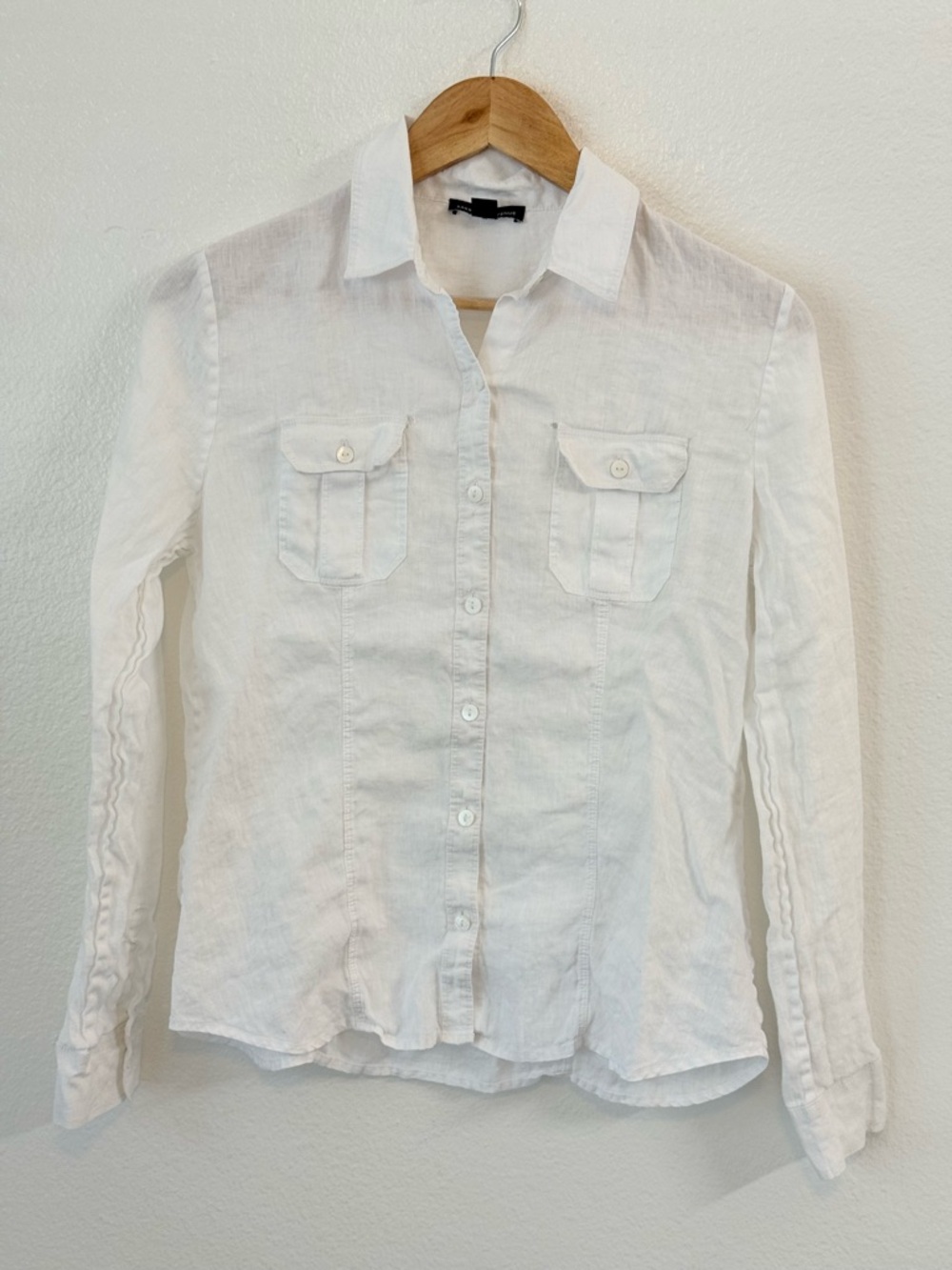 Saks Fifth Avenue Button-Up Linen Shirt with Chest Pockets White Size S Luxury